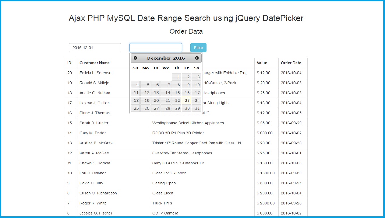 Ajax with PHP MySQL Date Range Search using jQuery DatePicker ...