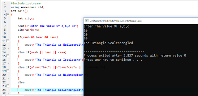 Write C++ Program to Check Whether a Triangle Is Right-Angled, Equilateral, Isosceles or Scalene