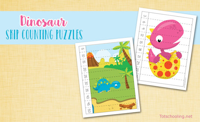 FREE Dinosaur themed Skip Counting Puzzles perfect for kindergarten math practice. Fun hands-on number learning with dinosaurs!