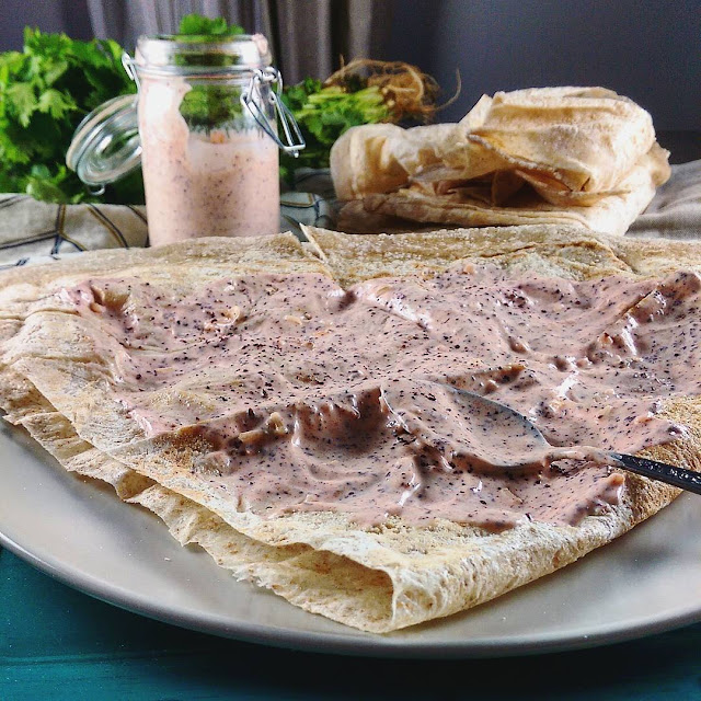 Markouk, Chickpeas, & Mushrooms with Sumac Spiced Yogurt