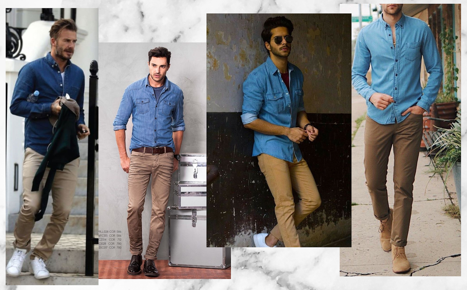 camisa azul e calça caqui