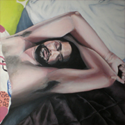 fragmento de la obra Crisálida de hombre durmiente III, de la pintora Eva Román, retrato del autor - haz click sobre la imagen para ver el cuadro