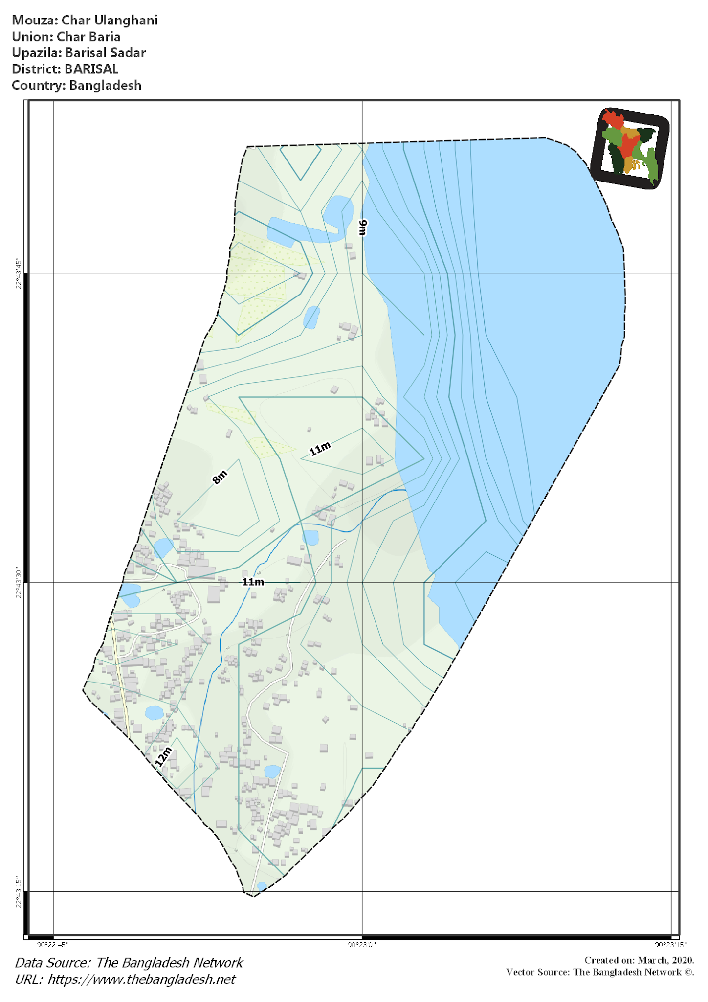 Map of Char Ulanghani Mouza of Barisal Sadar Upazila, BARISAL, Bangladesh.