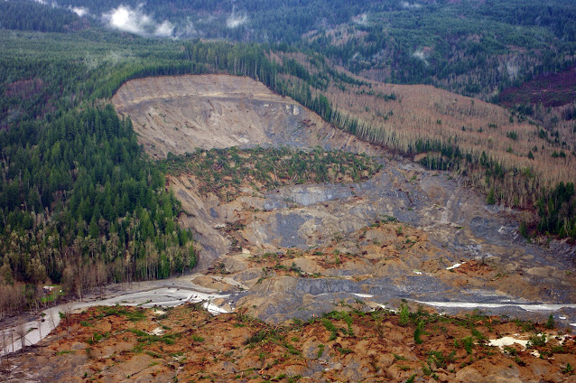 Aerial view of the March 22, 2014 Oso, Washington landslide. A large section of the hillside has fallen away for several thousand feet, covering the houses in the valley below.