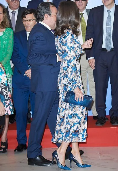 Queen Letizia wore Sandro all-over print long silk dress. Crown Princess Victoria wore Sandro all over print silk dress