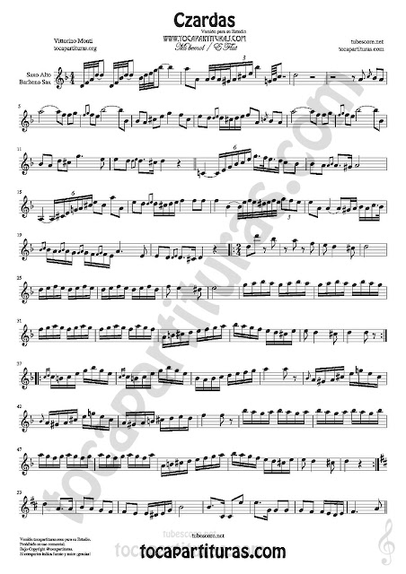  Saxofón Alto y Sax Barítono Partitura de Czardas Sheet Music for Alto and Baritone Saxophone Music Scores (con vídeo tutorial en forma karaoke para que toques tu instrumento)