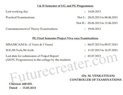 Anna university April/May/June Exam 2013 notification teory and practical