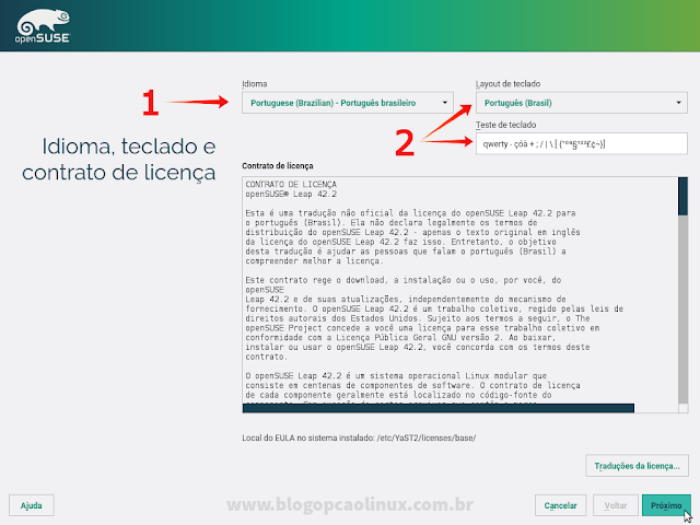 Tela de seleção do Idioma de instalação, layout do teclado e Contrato de Licença do openSUSE