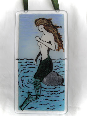 fused glass mermaid sgraffito sgrafitti frit painting finished