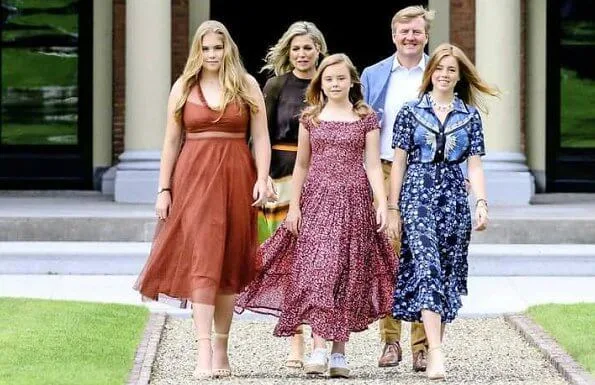 Queen Maxima wore Jan Taminiau short dress, Crown Princess Amalia Sandro embroidered tulle dress, Princess Alexia wore Sandro printed shirt dress