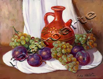 Bodegón con bucaro pintado, ciruelas y uvas