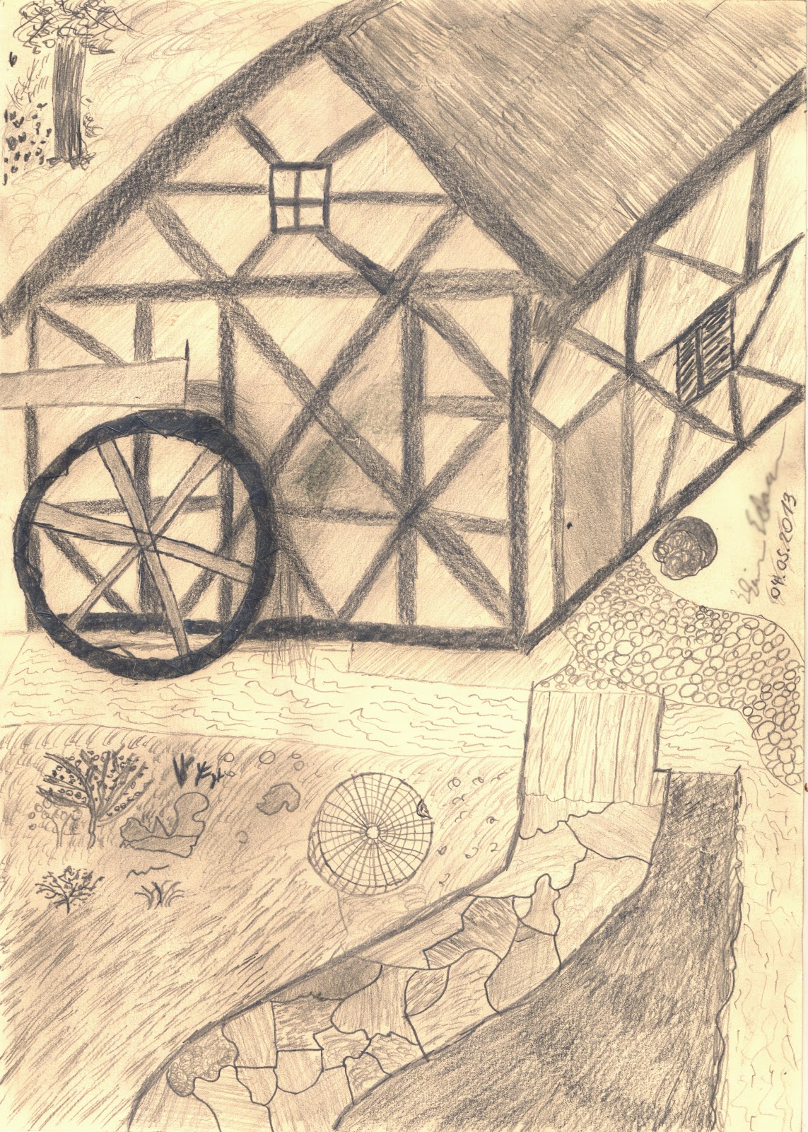 Bleistiftzeichnung - Bad Essen - Wassermühle (2013-05-04)