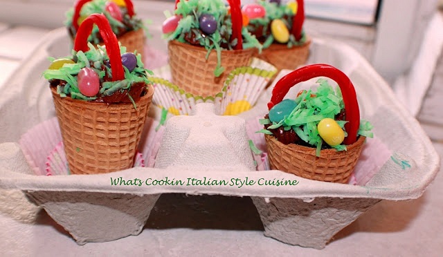 Little Easter Baskets made from Ice Cream cones with cake batter