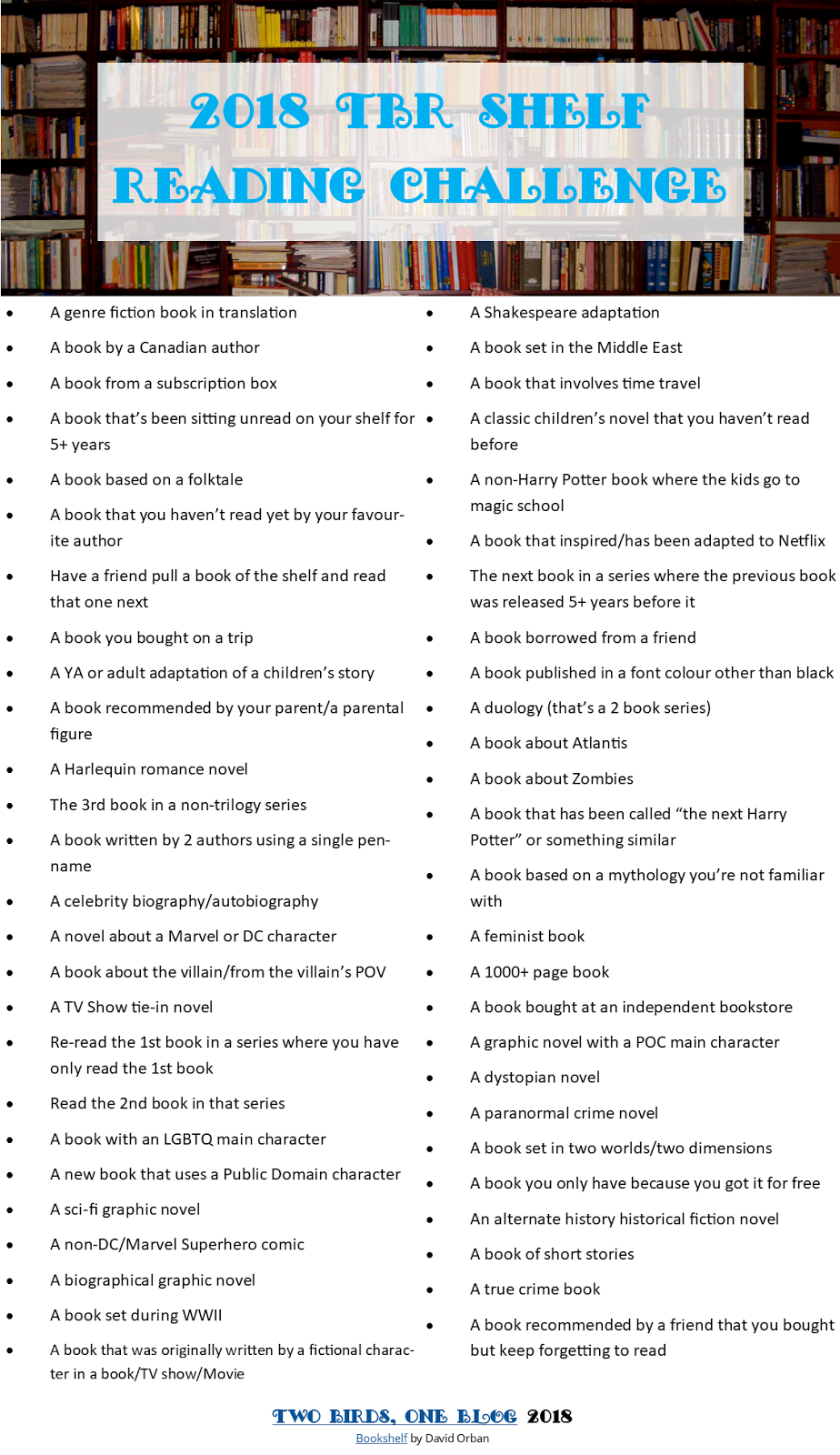 Two Birds, One Blog The 2018 TBR Shelf Reading Challenge TBOBTBR2018