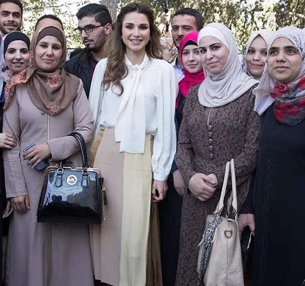 QRTA’s Pre-Service Professional Diploma Program: Teachers Are Our Partners in The Education Reform Process, Queen Rania style wore Fendi blouse and skirt, Gianvito Rossi pumps