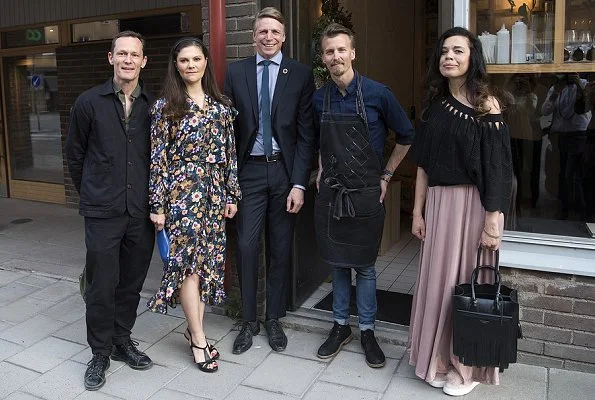 Crown Princess Victoria wore Gestuz Fally Multi-Color Day Dress, and Saint Laurent Sandals, and she carried By Malene Birger Dipple Clutch