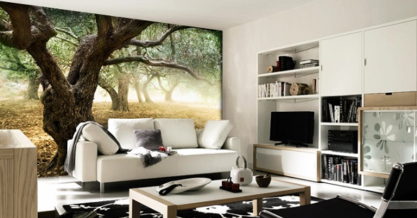 Amazing Living Room With Mural Wallpaper
