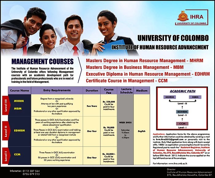 The Institute of Human Resource Advancement (IHRA) is one of the Institutes attached to the University of Colombo (IHRA-UOC) and it has been established under the Ordinance No.11 of 1979 which was amended by Ordinance No. 01 of 2006. IHRA is advancing according to the global and local developments through the “knowledge economy”.