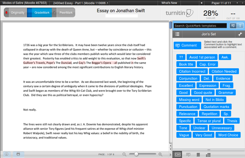 Customising Comments Using GradeMark for online marking