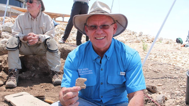 Dr. Scott Stripling, head of the current excavation at biblical Shiloh, exhibits a find. May 22, 2017. (Amanda Borschel-Dan/Times of Israel)