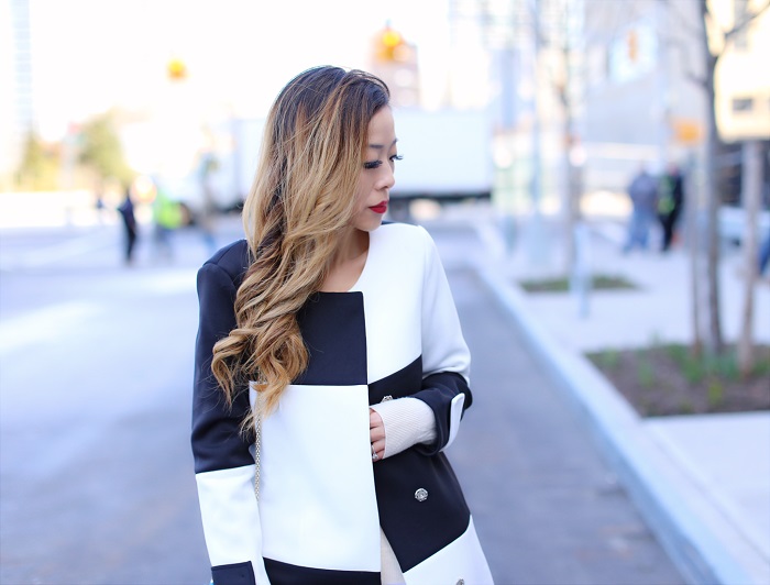 Shein black and white color block coat, asos jeans, as seen on me, valentino lock bag, alice and olivia pumps, spring outfit, nyc street style, nyc fashion blog