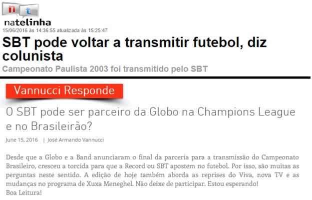 SBT supera Globo e vai transmitir a Champions League, diz colunista