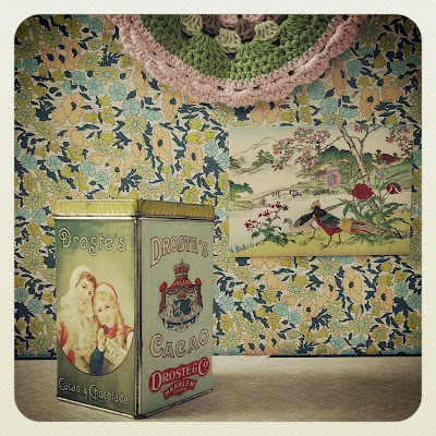 Droste, tin, vintage, thrifted, wallpaper, flowers, pastel, postcard with bird, crochet, potholder, ByHaafner