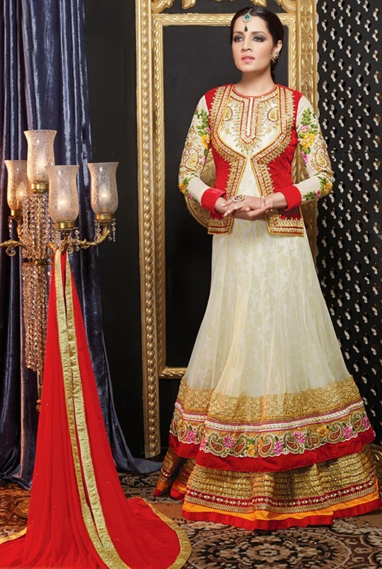 Net Cream Designer Embroidery Anarkali Suit with Dupatta