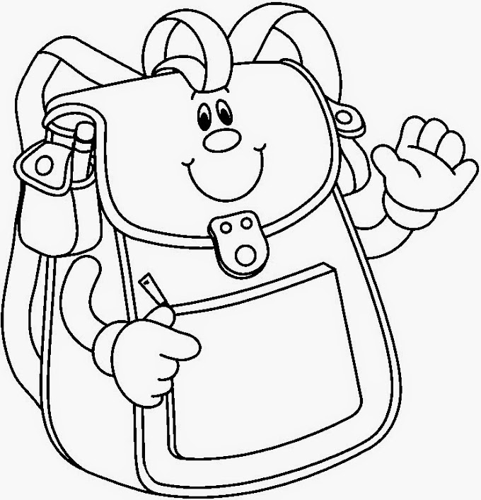 Desenhos e riscos de volta às aulas para pintar, colorir, imprimir: mochila, livro, caderno, lápis - material escolar para colorir