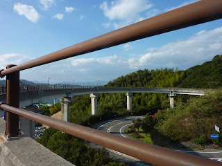 Looping upramp of the Shimanami Kaido bikeway leading up to the Kurushima-Kaikyo bridge on Oshima. 