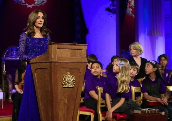 Kate Middleton re-wore a royal blue embellished Jenny Packham gown that she last wore at Bollywood Gala in Mumbai in 2016