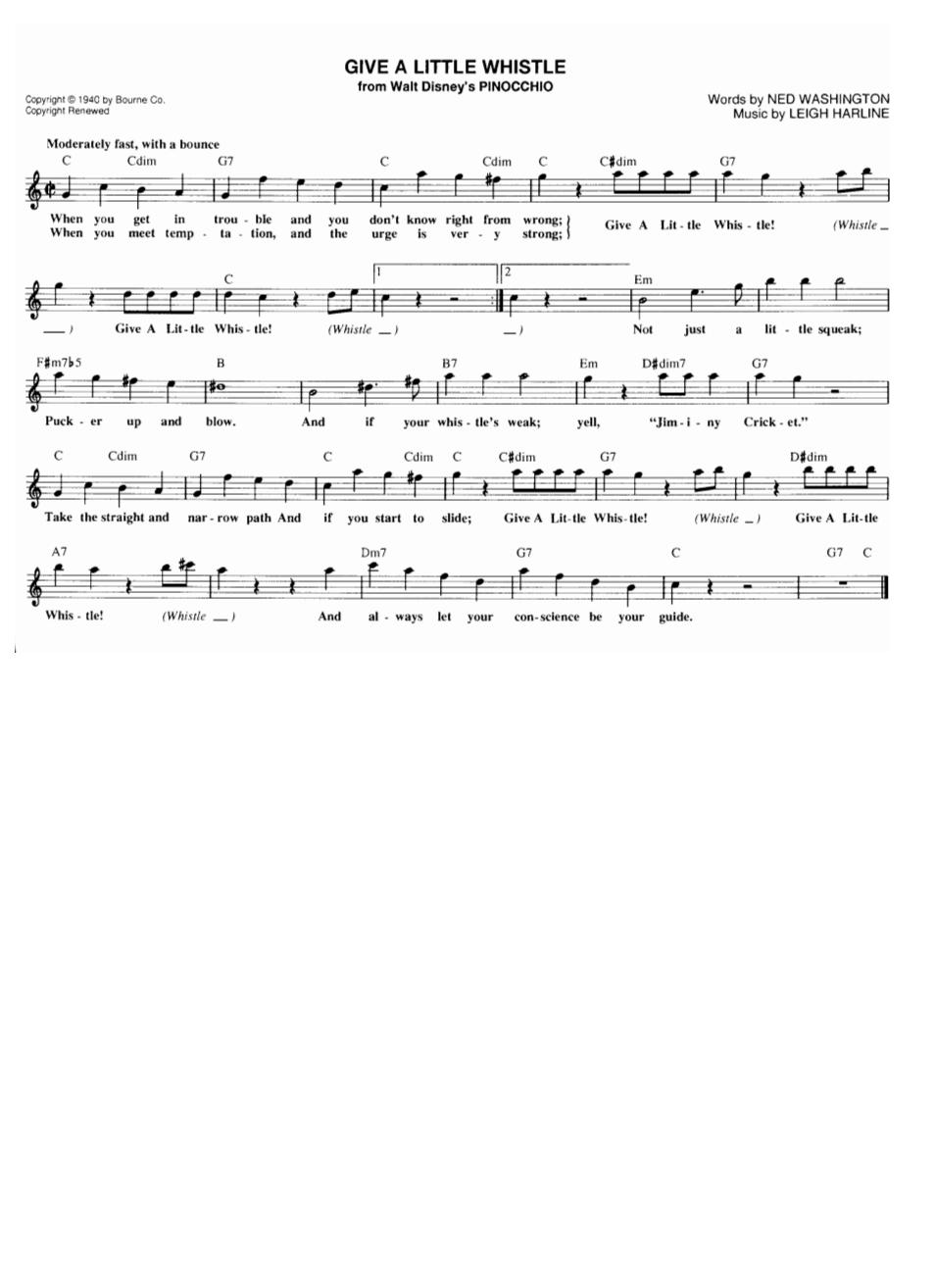 Partituras Musicais Give A Little Whistle From Walt Disney Pinocchio N º 290