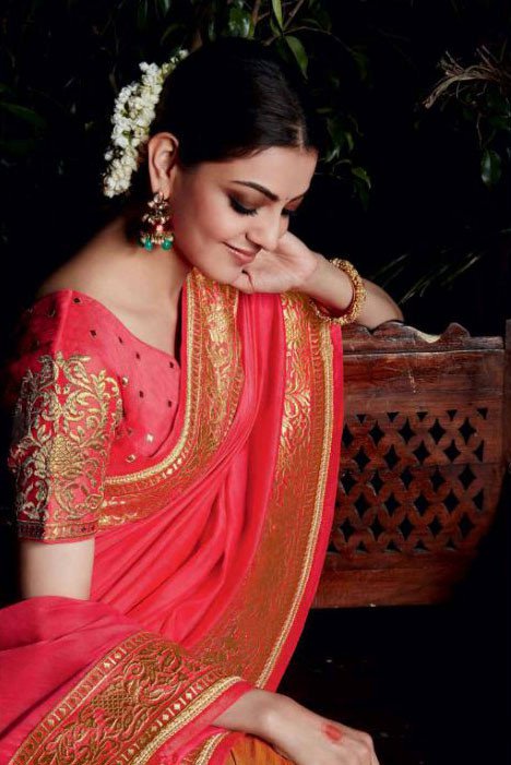 Kajal Aggarwal Beige and Punch Pink Saree