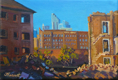 plein air oil painting of housing commission apartments in Cowper Street Glebe/Ultimo by artist Jane Bennett