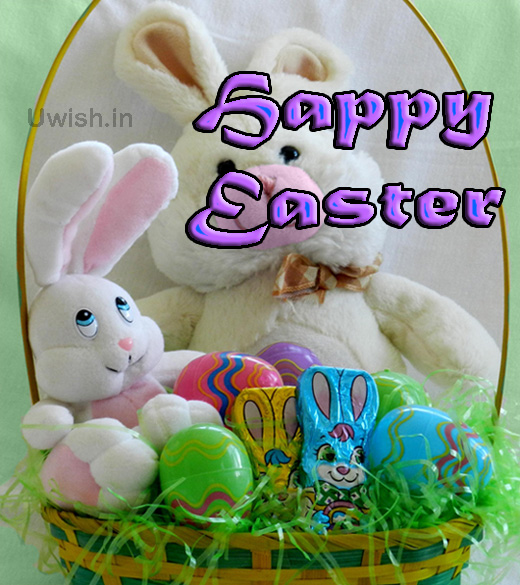  Happy Easter with bunny and bunnies and choclates.  Happy Easter with bunny e greeting card and wishes.