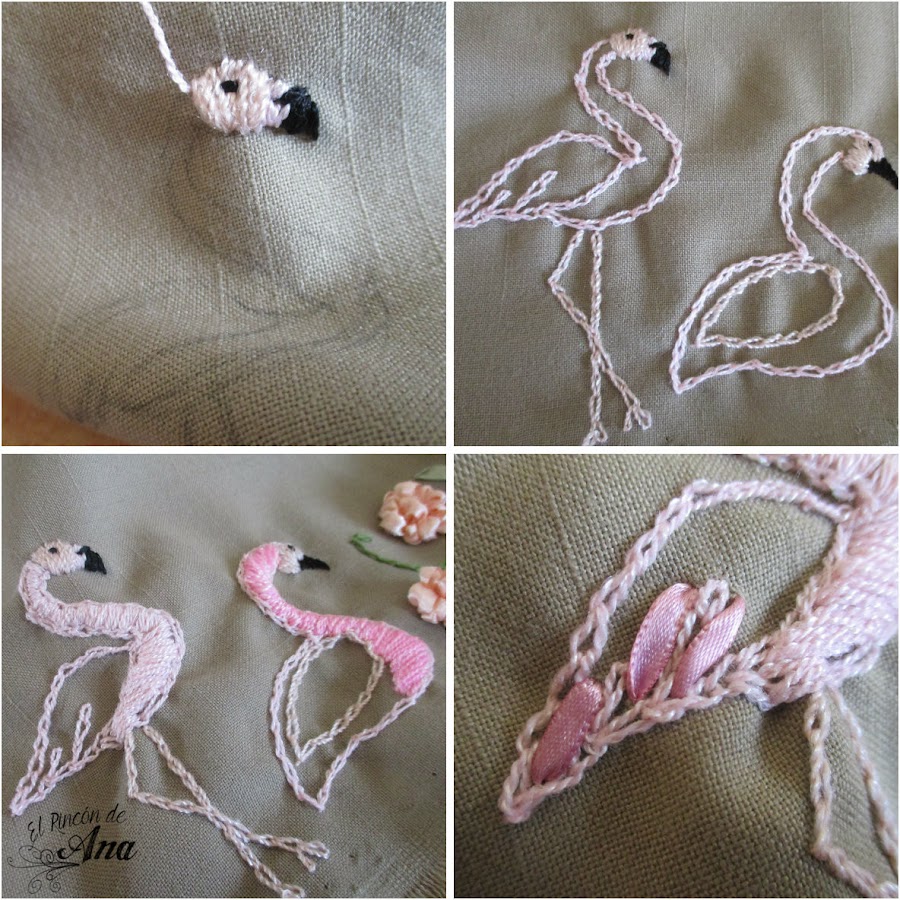 Flamingo bordado y flores con listón