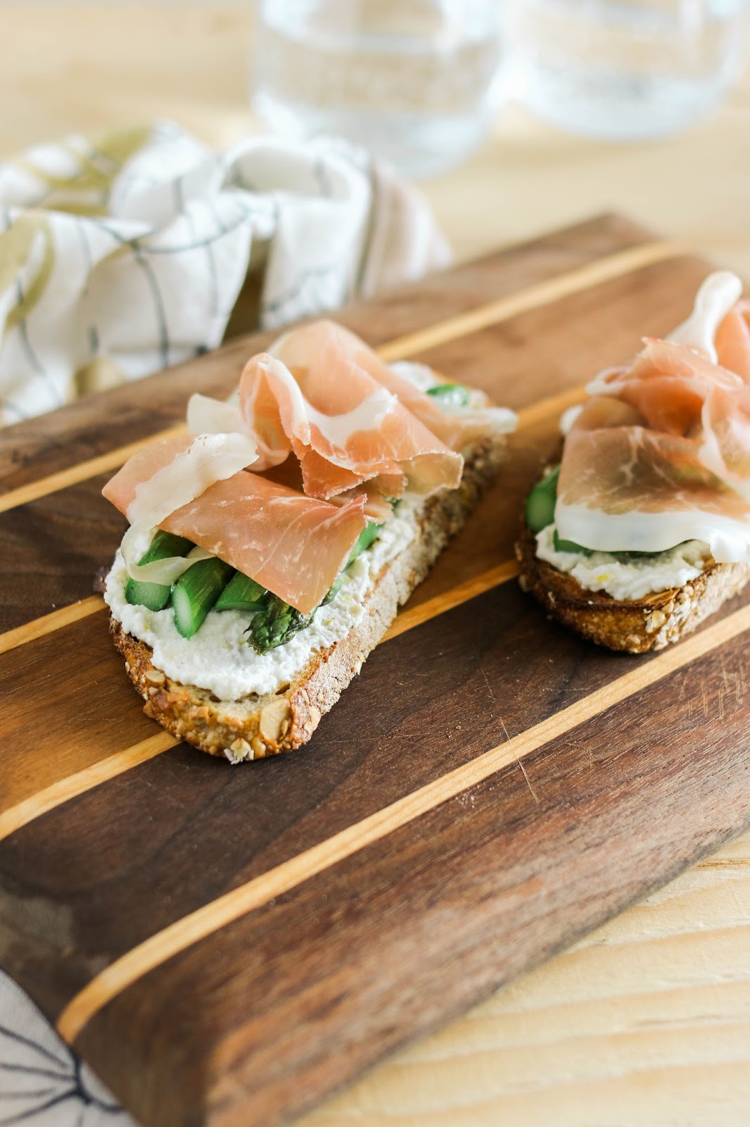 Ginger Rose Asparagus Prosciutto & Ricotta Crostini with Arugula