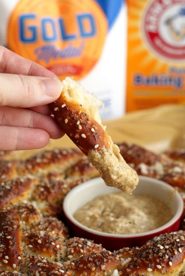 A Cheese Stuffed Braided Pretzel Ring transforms traditional baked soft pretzels into a beautifully braided wreath that is cheesy, garlicky, buttery, and totally party-perfect! #BestOfBaking #ad @Walmart