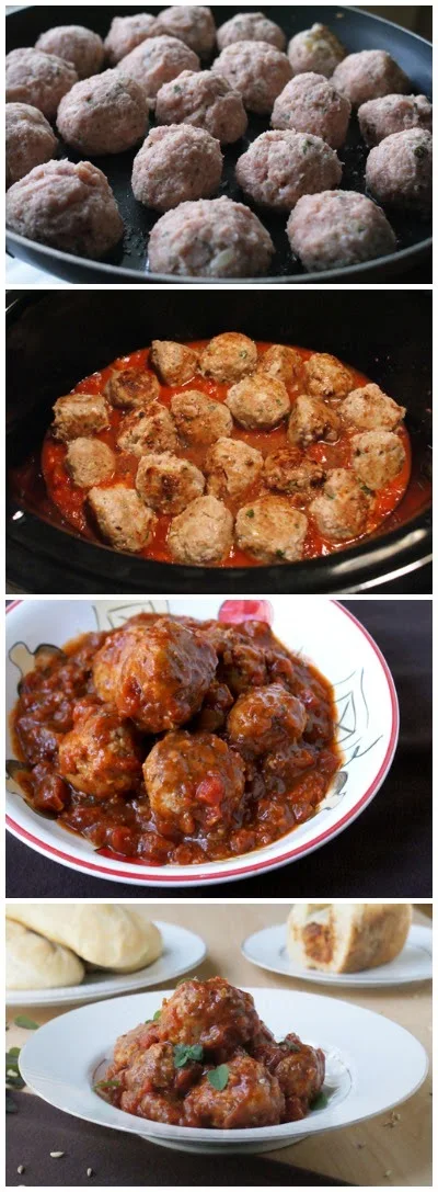 Crock Pot Herbed Turkey Meatballs are super moist and healthy meatballs made with ground turkey, fresh herbs and ricotta cheese that are slow-cooked in the crock pot with a red wine laced chunky tomato sauce.