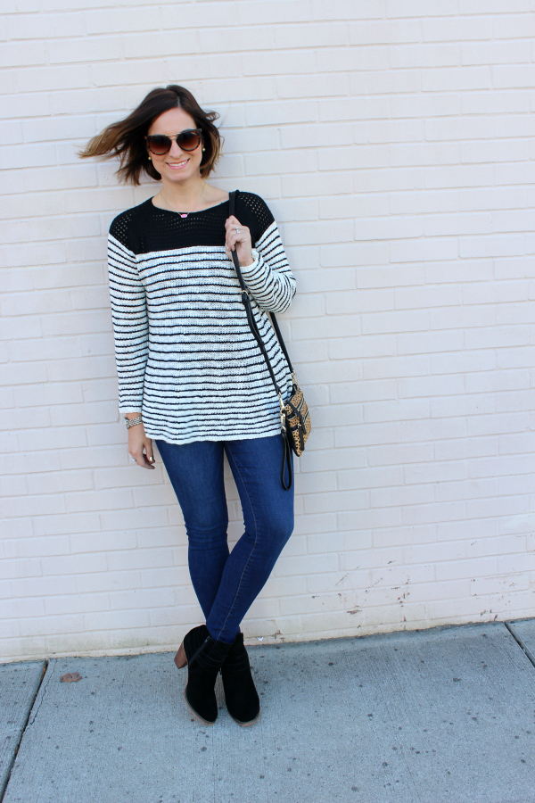 black and white striped sweater, mom style, pineapple lace