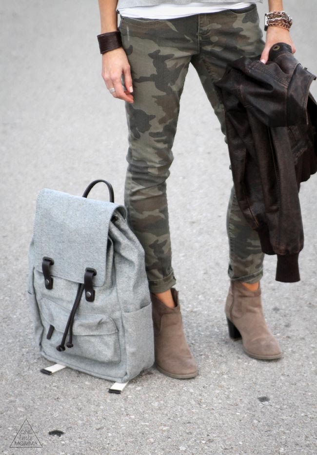 Backpacks are momma's best friends- camo pants and ankle boots too!