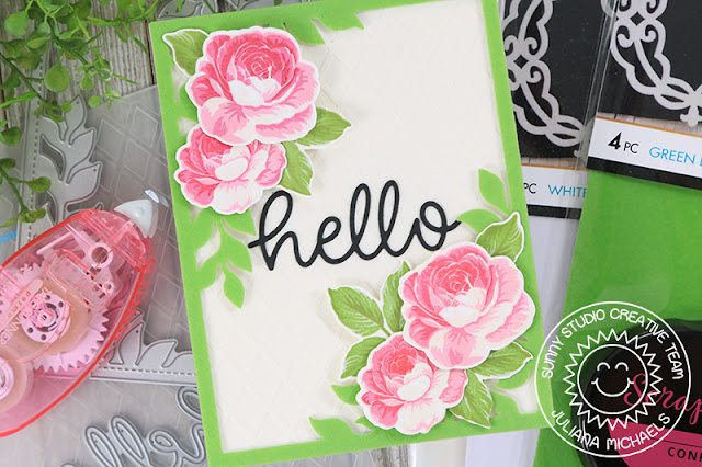 Sunny Studio Stamps: Botanical Backdrop Everything's Rosy Hello Word Die Two Scoops Stitched Oval Friendship Cards by Juliana Michaels Angelica Conrad
