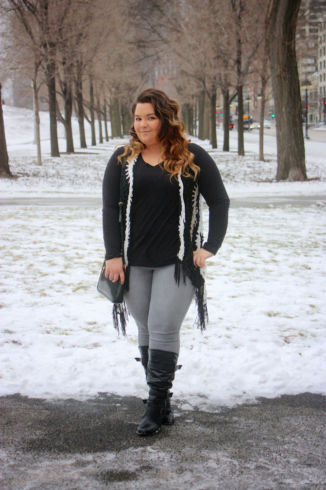 Natalie Craig, Natalie in The City, chicago, ootd, plus size fashion, fashion blogger, crochet vest, winter fashion 2015, mom fashion, curvy women, fatshion, gray jeans, curly ombre hair, thick girls, grant park, ralph lauren, lauren, wide calf boots, how to dress up a long sleeve shirt