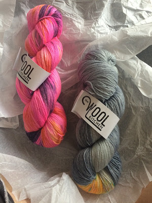 hanks of variegated yarn hand-dye in acid dyes #thewoolkitchen - two hanks of variegated yarn hand-dye in acid dyes, one neon pink, one light grey