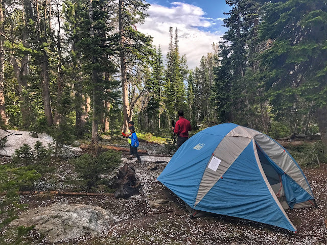 Our campsite with hail on the ground