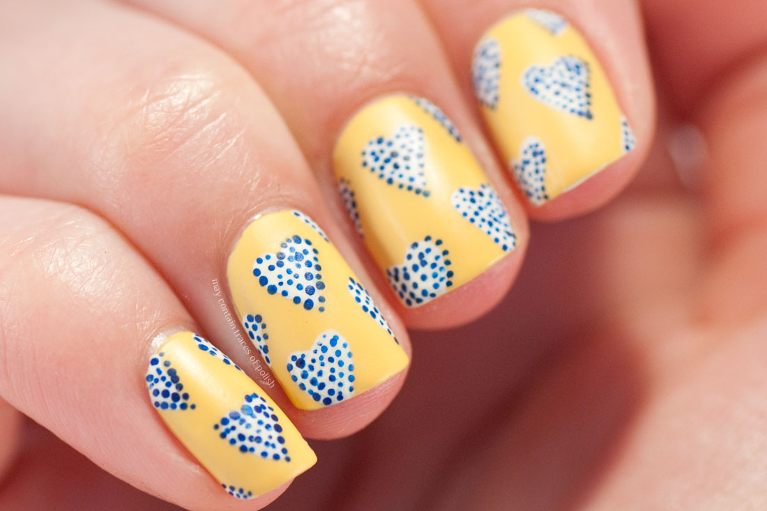 Yellow and Blue Heart Nail Art