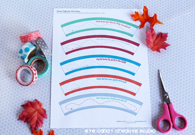 print out of fall joke wraps for pudding cups, Hershey's, washi tape, supplies