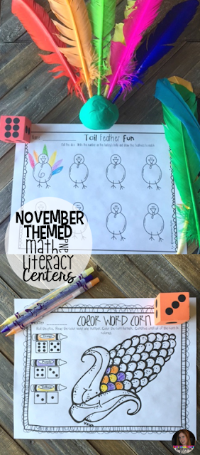 November Math and Literacy Centers for Kindergarten
