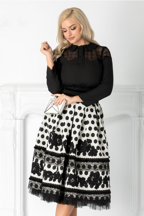 Bluza / camasa neagra eleganta Dantela in partea de sus Croiul lejer Bluza / camasa neagra eleganta Dantela in partea de sus Croiul lejer