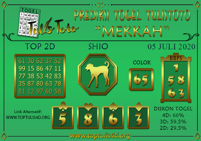 Prediksi Togel MEKKAH TULISTOTO 05 JULI 2020